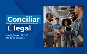Arte azul com texto “Conciliar é legal”. À direita, pessoas sorrindo e apertando as mãos.