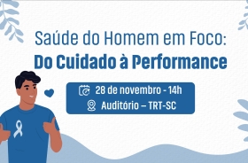 Arte nas cores azul e branco, com a figura de um homem jovem. Texto: Saúde do homem em foco: do cuidado à performance