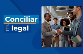 Arte ilustrativa com fundo azul, texto “Conciliar é legal” e pessoas sorrindo se cumprimentando em um ambiente corporativo