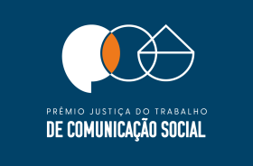 Fundo azul com elementos gráficos vazados em branco transmitindo a mensagem de diálogo em união com a justiça