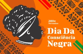 Dia da Consciência Negra - ilustração em fundo laranja e motivos afros 
