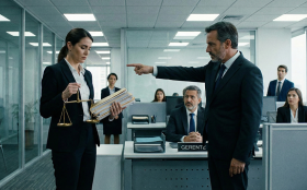 Homem indica a saída para uma mulher segurando a balança da justiça.