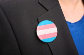 Foto de um broche no paletó de uma mulher