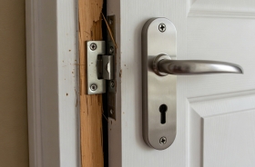 Fotografia ilustrativa com foco em uma porta branca com fechadura arrombada