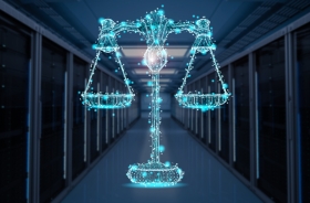 Arte de balança da justiça digital iluminada em azul, em corredor tecnológico escuro