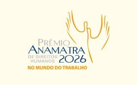 Letreiro escrito "Prêmio Anamatra de direitos humanos 2026 no mundo do trabalho" nas cores cinza, azul e laranja, com fundo bege e duas mãos desenhadas apontas para cima em laranja