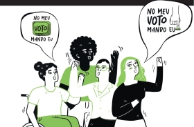 Ilustração mostra quatro pessoas, incluindo uma pessoa em cadeira de rodas, com os braços levantados. Acima delas, dois balões trazem a frase “No meu voto, mando eu”, acompanhada do desenho de uma urna eleitoral.