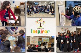 Mosaico mostra seis fotos com diversas atividades do Programa Inspirar, cuja logo está no centro do mosaico