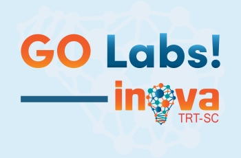 Go Labs! Inova TRT-SC. Arte em fundo azul claro, com letras laranja e azul escuro