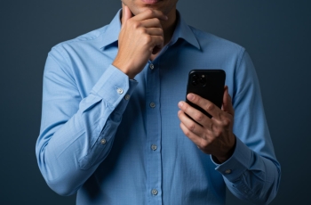 Fotografia ilustrativa de homem usando camisa social enquanto segura um celular em uma das mãos e com a outra segura o próprio queixo