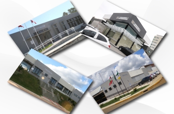 Mosaico mostrando fotos das fachadas de quatro varas do trabalho, conectadas