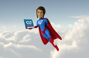 Imagem ilustrativa de uma mulher super heroína voando e com uma CLT na mão, acima das nuvens