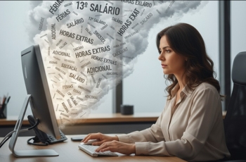 Uma nuvem de palavras brota de um monitor. À frente dele, uma mulher digita no teclado