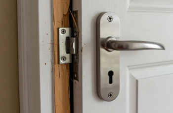 Fotografia ilustrativa com foco em uma porta branca com fechadura arrombada