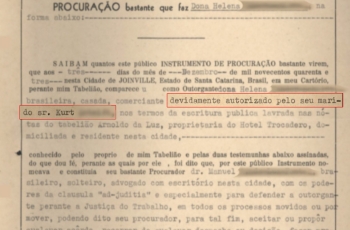 Recorte de um processo antigo com a seguinte frase grifada: devidamente autorizada pelo marido