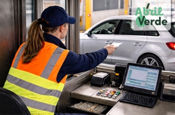 Mulher trabalhando em cabine de pedágio