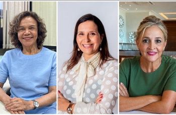 Composição mostrando fotos de três mulheres sorridentes