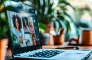 Fotografia ilustrativa em que notebook exibe videoconferência com quatro participantes na tela