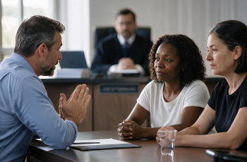 Uma mulher negra e uma branca estão de frente para um homem, sentados, durante uma audiência trabalhista