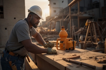 Homem com apetrechos de operário da construção civil