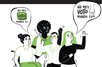 Ilustração mostra quatro pessoas, incluindo uma pessoa em cadeira de rodas, com os braços levantados. Acima delas, dois balões trazem a frase “No meu voto, mando eu”, acompanhada do desenho de uma urna eleitoral.
