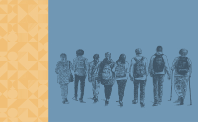 A imagem mostra um grupo de nove jovens caminhando de costas, todos com mochilas. Um deles usa muletas. O fundo é azul e, à esquerda, há uma faixa amarela com formas geométricas. A ilustração tem estilo de desenho à mão. Não há textos.