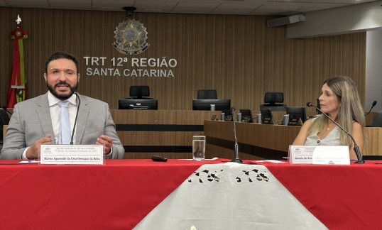 Em uma mesa estão sentadas duas pessoas. À esquerda, um homem branco, de cabelos e barba escura, trajando um terno cinza claro, camisa branca e gravata azul clara. Ele é cego e fala ao microfone. À direita, uma mulher branca, de cabelos loiros, trajando um colete de cor clara, olha para o homem que fala ao microfone.