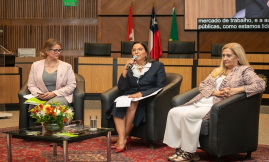 Três mulheres em sentadas em poltronas, uma delas fala ao microfone. Ao fundo, bandeiras do Peru, Chile e Brasil