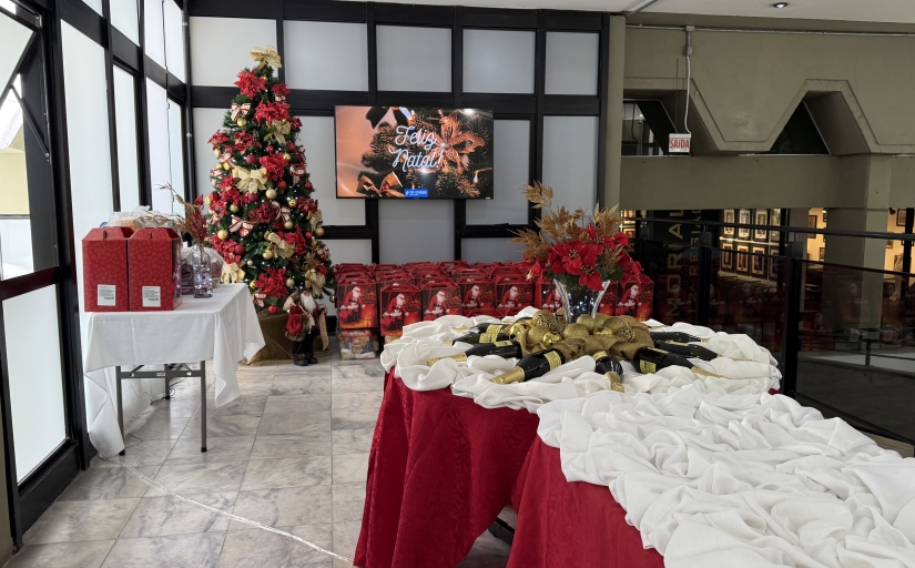 Hall vazio com decoração natalina na mesa e um pinheiro ao fundo