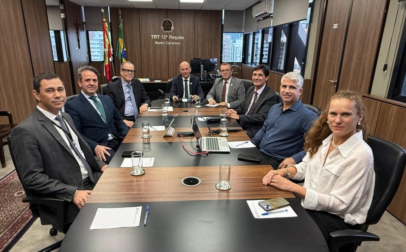 Sete homens e uma mulher estão sentados em uma mesa de reunião oval, posando para a foto