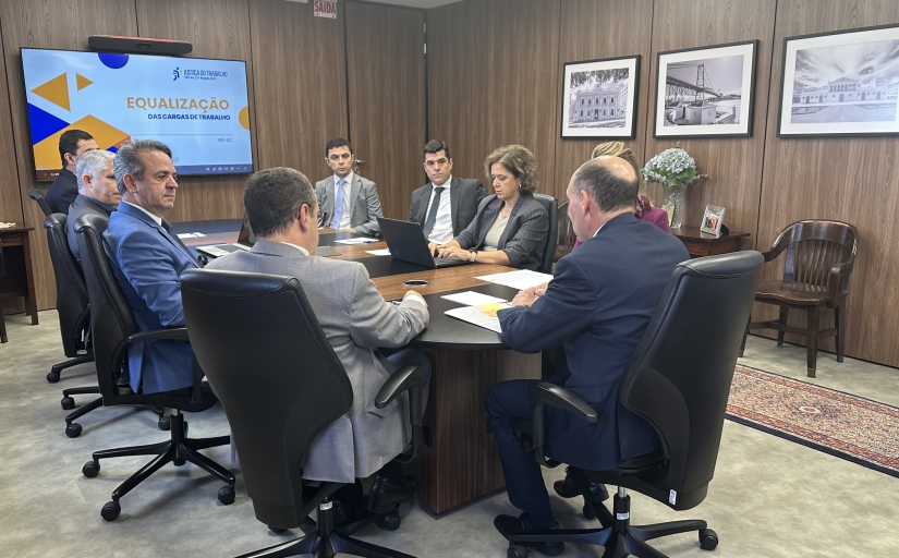 Sete homens e duas mulheres estão sentados em uma mesa oval de reunião, de frente para um telão com o texto: Equalização das cargas de trabalho